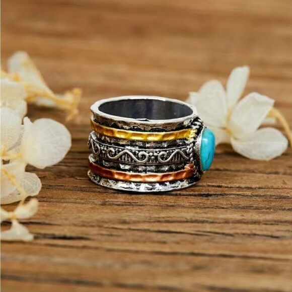 Vintage Wide Style Ring with Turquoise Color Stone Inlays - Picture 7 of 9